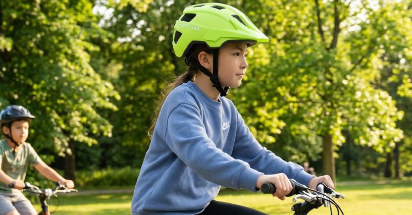 Dziewczynka w neonowym kasku rowerowym jeździ po parku