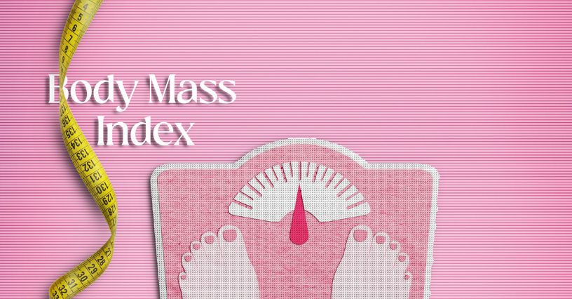 Miarka krawiecka, napis Body Mass Index oraz wycinka z wagą i stopami stojącymi na niej