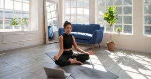 Kobieta medytująca w siadzie skrzyżnym na macie w domu