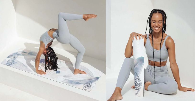 Kobieta ćwicząca jogę na 3-milimetrowej macie JoyInMe Flow Coated