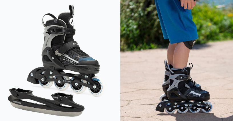 Dziecko z ochraniaczami na kolanach jadące w rolkach ATTABO Bladeroll 2 w 1