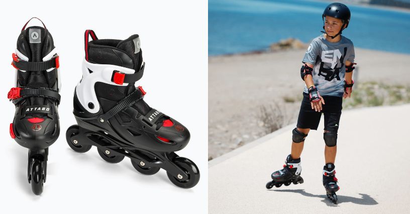 Chłopiec w kasku jadący ścieżką nad morzem w rolkach dla dzieci ATTABO APX