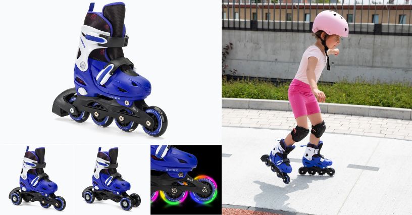 Dziewczynka w kasku jadąca po twardej ścieżce w parku w rolkach HUMBAKA Starjet LED 3w1