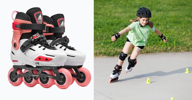 Dziewczynka w kasku i ochraniaczach jeżdżąca slalomem w regulowanych rolkach dla dzieci Rollerblade Apex Jr