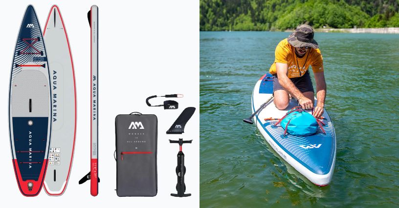SUP deska Aqua Marina Hyper 11'6" i mężczyzna przypinający worek wodoszczelny do linek deski podczas pływania po jeziorze