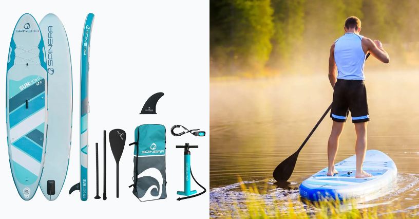 Deska SUP pompowana SPINERA Sun Light 12'0" i mężczyzna pływający na niej po jeziorze
