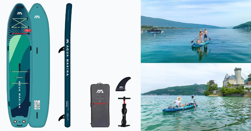 Touringowa deska SUP Aqua Marina Super Trip Tandem 14'0" i ludzie pływający na niej 