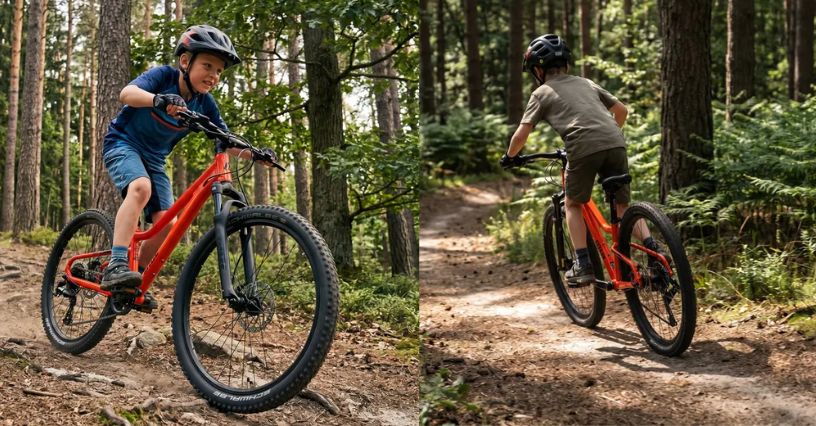Chłopcy jeżdżący po leśnych ścieżkach na rowerze ATABO Rash 24"