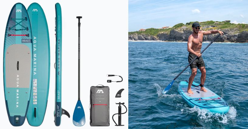 Deska SUP Aqua Marina Beast 10'6" i mężczyzna pływający na niej na morzu