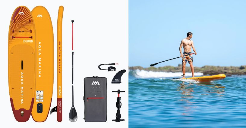 Deska SUP pompowana Aqua Marina Fusion 10'10" i mężczyzna pływający na niej na morzu