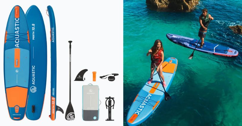 Deska SUP pompowana AQUASTIC Perth 10’8″ i para pływająca na niej po morzu