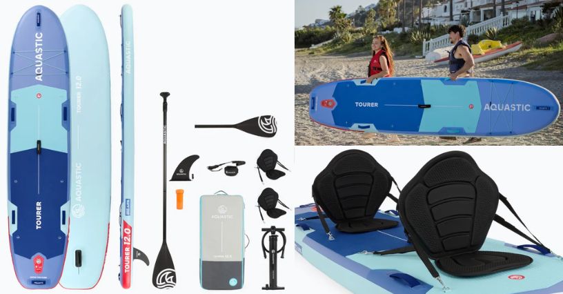 Dwuosobowa deska SUP AQUASTIC Tourer 12’0″ i para w kamizelkach asekuracyjnych niosąca ją po plaży