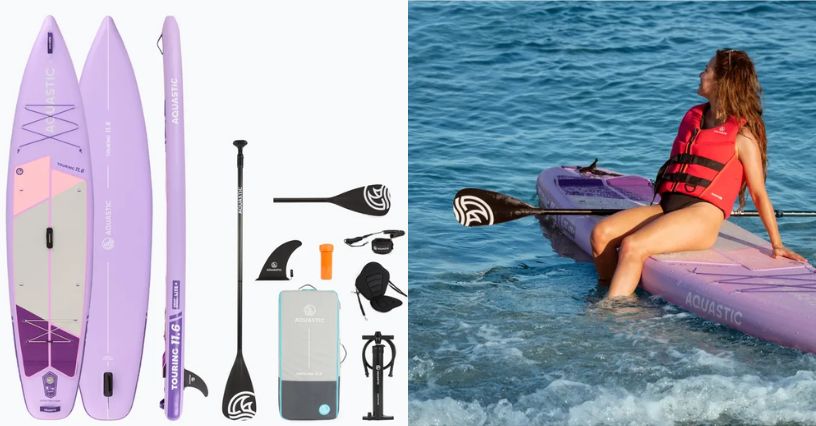 SUP AQUASTIC SUP Touring 11’6″ i kobieta siedząca na niej w wodzie