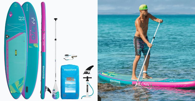 SUP dla 2 osób Aquatone Wave Plus 12'0" i mężczyzna pływający na niej z wiosłem w ręku