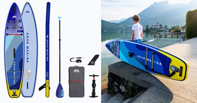 Deska SUP dziecięca Aqua Marina Vibrant Touring 10'0" i chłopiec z nią nad brzegiem jeziora