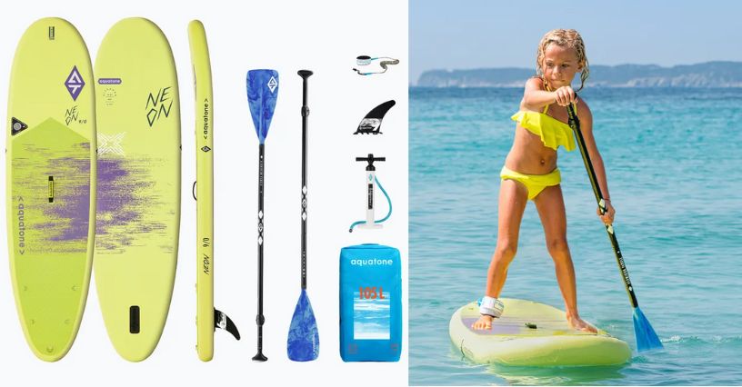 SUP dziecięcy Aquatone Neon 9'0" i dziewczynka w stroju kąpielowym pływająca na niej