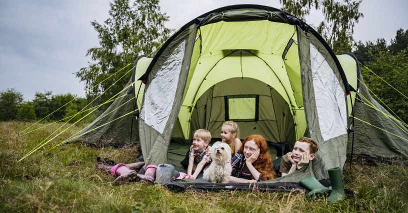 Dzieci i pies leżą w namiocie podczas rodzinnego biwaku