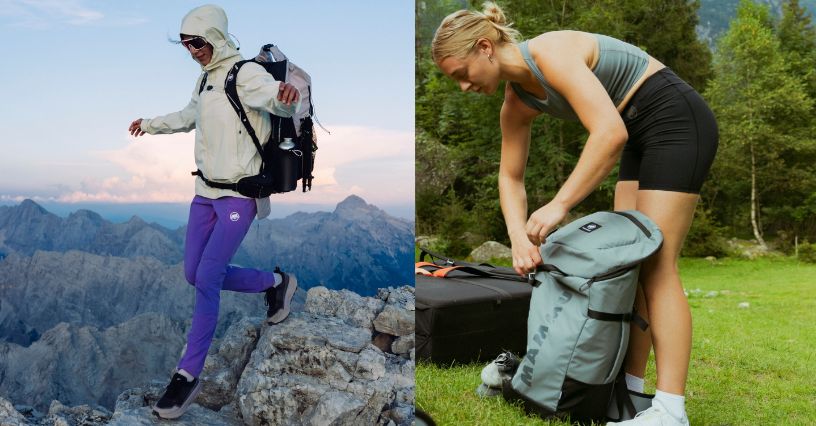 Kobieta w stroju turystycznym wędrująca z plecakiem turystycznym Mammut Ducan Spine oraz kobieta zapinająca ten sam plecak podczas wyjścia na bouldering