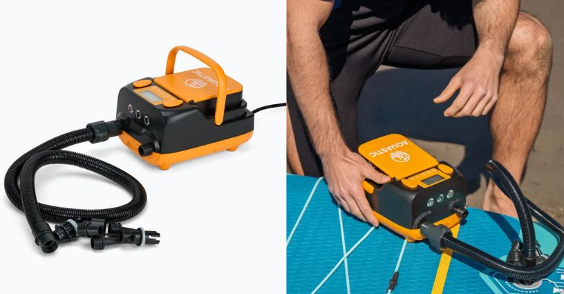 Pompka do SUP AQUASTIC Aire Pro 16 PSI z akumulatorem i mężczyzna pompujący nią deskę SUP