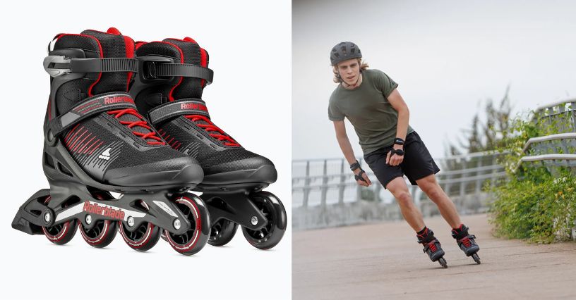 Męskie rolki Rollerblade Zetrablade i mężczyzna jadący w nich w kasku i ochraniaczach