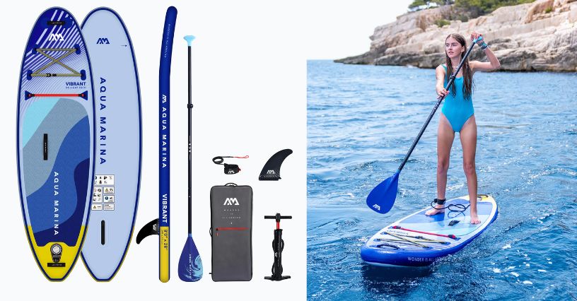 Pompowana deska SUP dla dzieci Aqua Marina Vibrant 8'0” i dziewczyna pływająca na niej