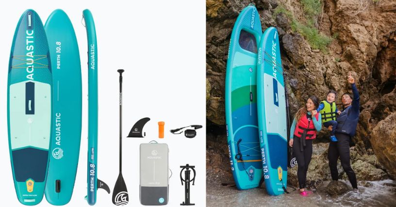 Deska SUP allround AQUASTIC Perth 10'8" i rodzina z dzieckiem stojąca przy dwóch SUP-ach przy skałach