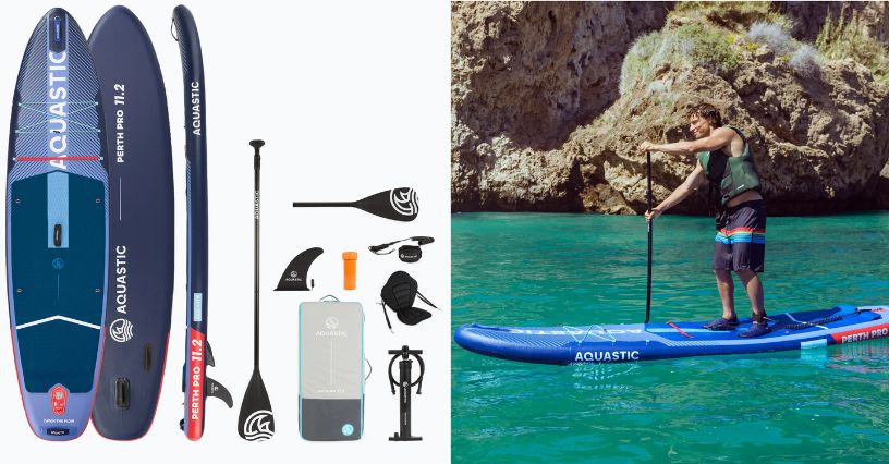 Deska SUP AQUASTIC Perth Pro 11' i mężczyzna w kamizelce płynący na niej