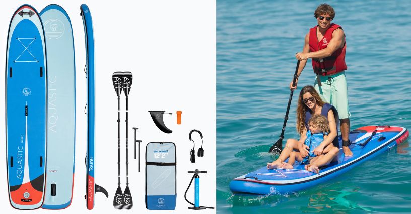 Deska SUP AQUASTIC Tourer 12'0" i rodzina z dzieckiem pływająca na niej po morzu