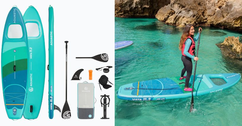 Deska SUP AQUASTIC Vista 11'2"i kobieta pływająca na niej