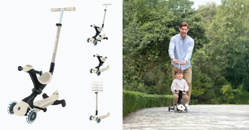 Chłopczyk i tata cieszą się jazdą na hulajnodze trójkołowej Globber GO UP Deluxe Lights po parkowej uliczce