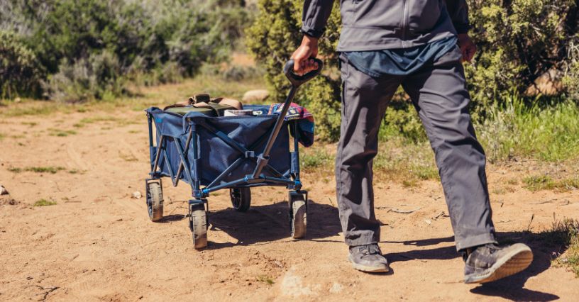 Mężczyzna ciągnący wózek transportowy składany Gregory Alpaca Gear Wagon