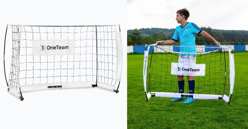 Piłkarska bramka dla dzieci OneTeam Flex Square OT-B4W001 120 x 80 cm  i chłopiec przenoszący ją
