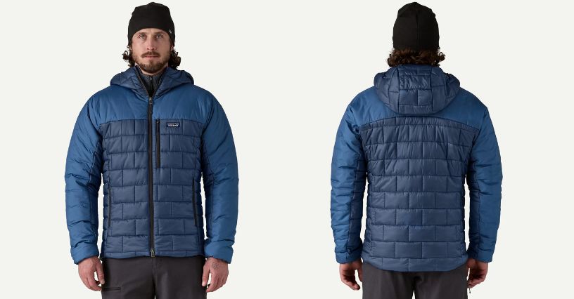 Mężczyzna prezentuje ocieplaną kurtkę Hi-Loft Nano Puff z kapturem