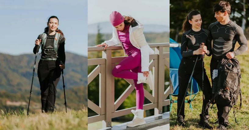 Kobiety i mężczyzna prezentują damską bieliznę termoaktywną podczas aktywności na świeżym powietrzu