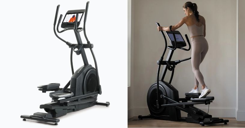 Kobieta w stroju sportowym ćwicząca na orbitreku magnetycznym z przednim napędem NordicTrack AirGlide 14i