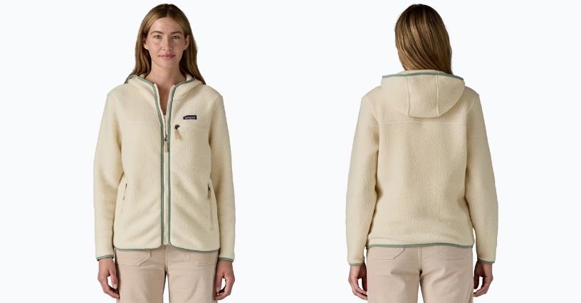 Kobieta ubrana w polar damski rozpinany Patagonia Retro Pile Hoody