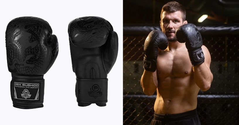 Rękawice do boksu DBX BUSHIDO "Black Dragon" i bokser stojący w nich na ringu