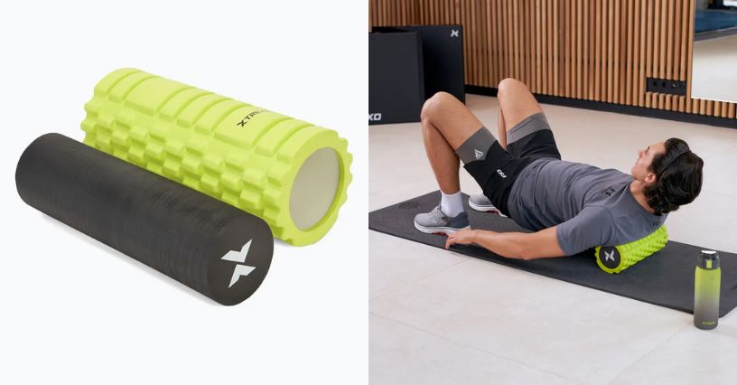 TREXO roller do masażu 2w1 TXO-B4Z029-GN i mężczyzna rolujący plecy