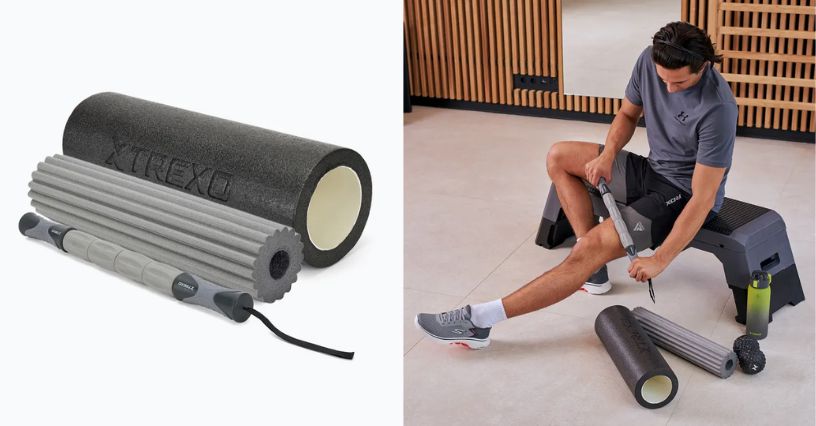 Roller TREXO 3w1 TXO-B4Z028-BK i mężczyzna masujący udo z jego pomogą