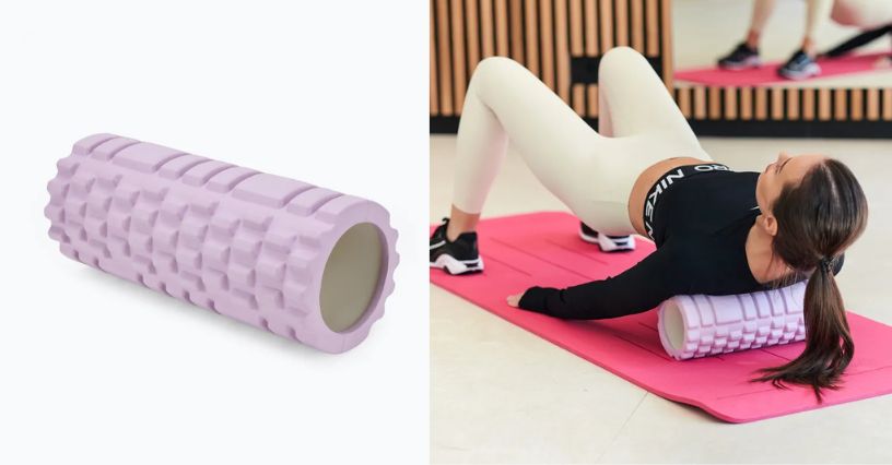 Piankowy roller do masażu TREXO TXO-B4Z030-VT i kobieta rolująca plecy