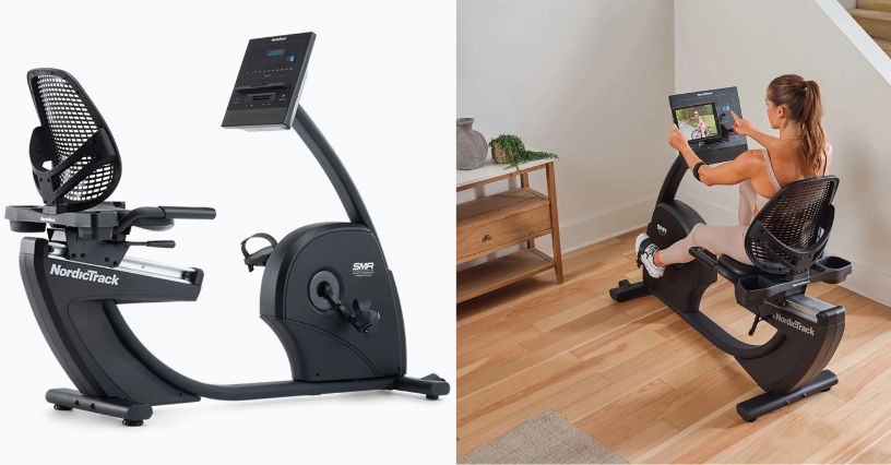 Rower stacjonarny poziomy NordicTrack G LE i kobieta trenująca na nim w domu