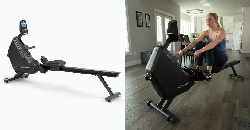 Kobieta ćwicząca w domu na wioślarzu magnetycznym Horizon Fitness Oxford 6 Viewfit