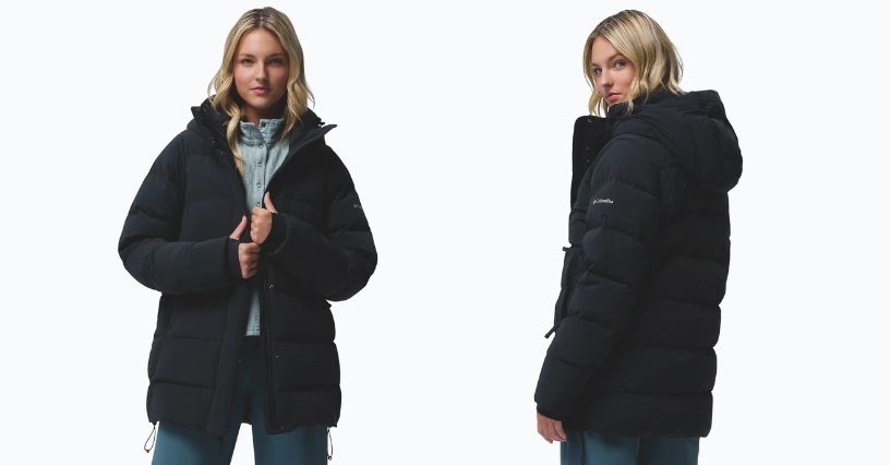 Kobieta w długiej kurtce puchowej Columbia Amaze Puff Mid Hooded