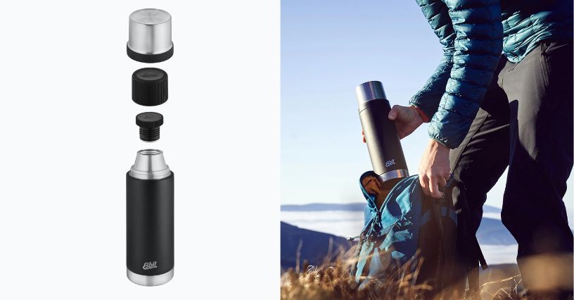 Turysta chowający do plecaka termos Esbit Sculptor Stainless Steel Vacuum Flask 1000 ml 