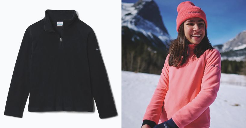Czarny polar dziecięcy Columbia Glacial Fleece Half Zip oraz dziewczynka w czapce zimowej i w różowej wersji tego polaru stojąca na śniegu
