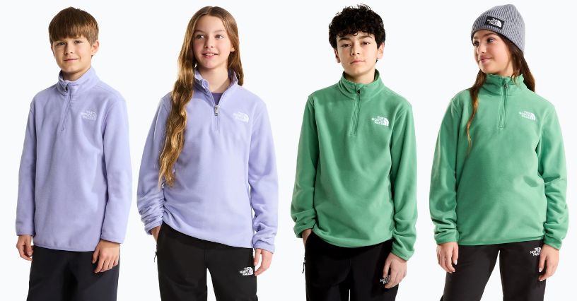 Dwie dziewczynki i dwóch chłopców w bluzach polarowych The North Face Teen Glacier 1/4 Zip