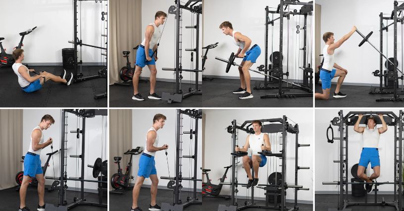 Mężczyzna demonstruje różne ćwiczenia na atlasie do ćwiczeń w domu