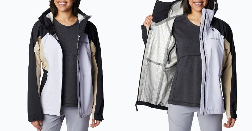 Kobieta w kurtce przeciwdeszczowej Columbia Mazama Trail