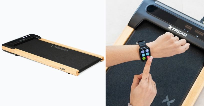 Kobieta sterującą bieżnią do chodzenia XTREXO TXO-W250 Walking Pad za pomocą zegarka