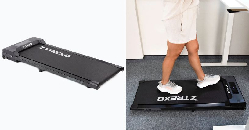 Człowiek maszerujący na bieżni do chodzenia XTREXO Walking Pad W100 podczas pracy przy biurku